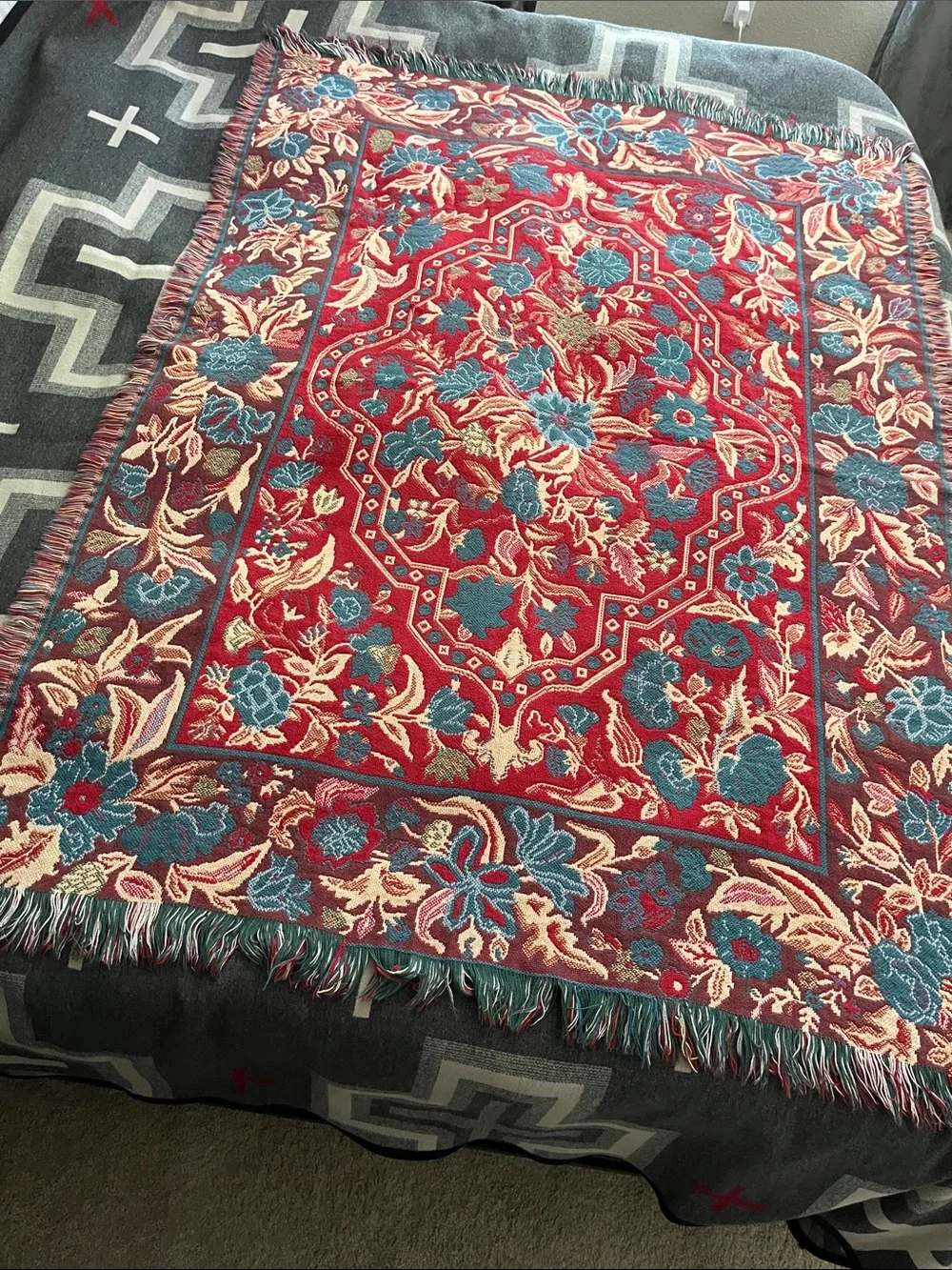 Vintage Colonial Williamsburg Red Floral Woven Throw Blanket with Teal Accents
